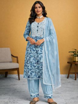 Gahan - Womens Blue Pure Cotton Embroidered Kurta with Salwar & Dupatta