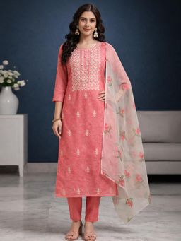 Gahan - Womens Coral Chanderi Silk Embroidered Kurta with Pant & Dupatta