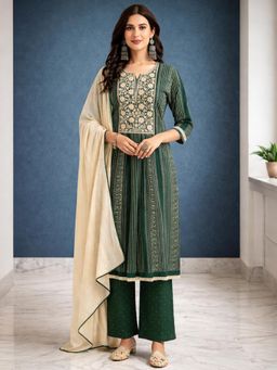 Gahan - Womens Green Pure Cotton Embroidered Kurta with Palazzo & Dupatta