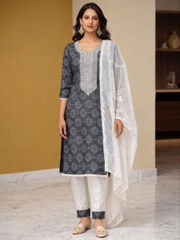 Gahan - Womens Grey Pure Cotton Embroidered Kurta with Pant & Dupatta