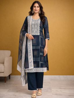 Gahan - Womens Teal Organza Embroidered Kurta with Pant & Dupatta