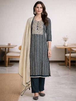 Gahan - Womens Charcoal Pure Cotton Embroidered Kurta with Pant & Dupatta
