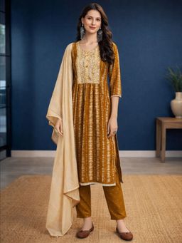 Gahan - Womens Mustard Pure Cotton Embroidered Kurta with Pant & Dupatta