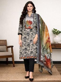 Gahan - Womens Cream Pure Cotton Embroidered Yoke Printed Kurta with Pant & Dupatta