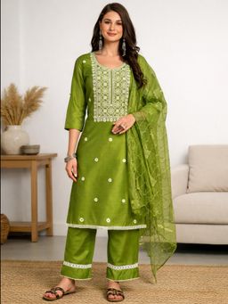 Gahan - Womens Green Chanderi Cotton Embroidered Kurta with Palazzo & Dupatta