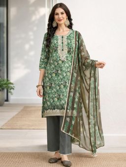 Gahan - Womens Green Cotton Blend Floral Printed Embroidered Kurta with Pant & Dupatta