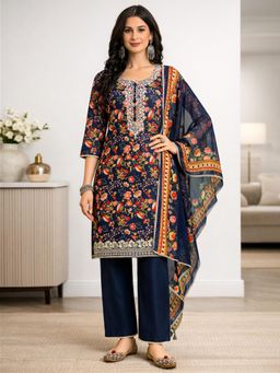 Gahan - Womens Navy Blue Cotton Blend Floral Printed Embroidered Kurta with Pant & Dupatta