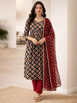 Gahan - Womens Navy Blue Viscose Rayon Foil Printed Kurta with Pant & Dupatta