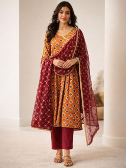 Gahan - Womens Mustard Viscose Rayon Foil Printed Kurta with Pant & Dupatta
