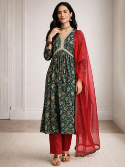 Gahan - Womens Green Viscose Rayon Foil Printed Kurta with Palazzo & Dupatta