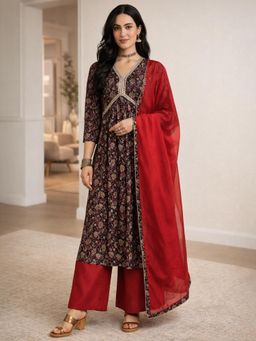 Gahan - Womens Navy Blue Viscose Rayon Foil Printed Kurta with Palazzo & Dupatta