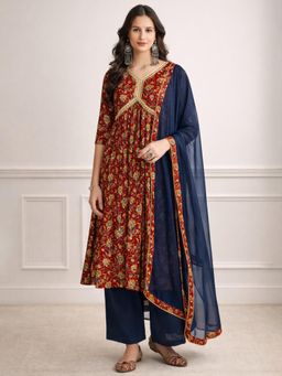 Gahan - Womens Red Viscose Rayon Foil Printed Kurta with Palazzo & Dupatta