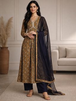 Gahan - Womens Mustard Viscose Rayon Foil Printed Kurta with Palazzo & Dupatta