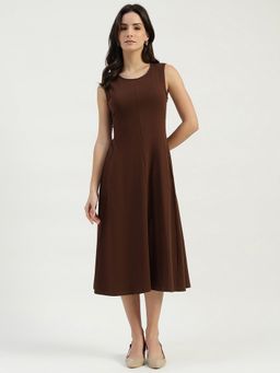 United Colors of Benetton - Brown Round Neck Solid A-Line Dress