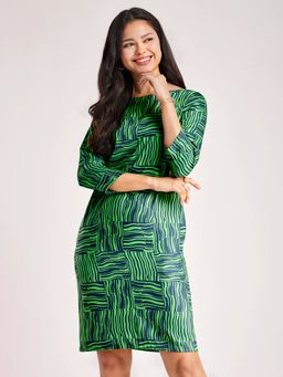 FableStreet - Satin Abstract Shift Green Women Dress