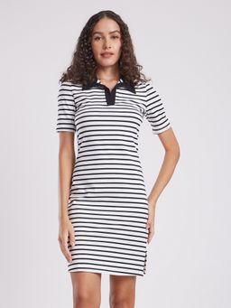FableStreet - Cotton Striped Straight Fit White Women Dress