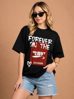 LEOTUDE - Women'S Black Cotton Blend Oversized T-Shirt
