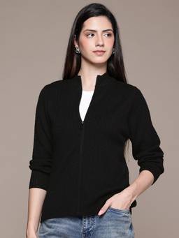 CAYMAN - Black Women Cable Knit Woollen Cardigan