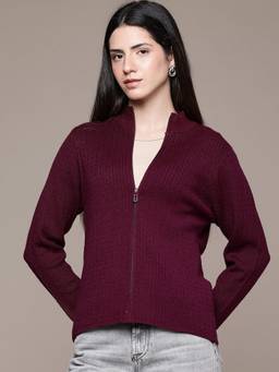 CAYMAN - Burgundy Women Cable Knit Woollen Cardigan