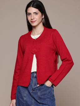 CAYMAN - Red Women Self Design Woollen Pullover Sweater