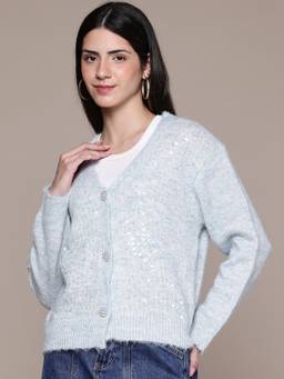 CAYMAN - Blue Women Embellished Woollen Cardigan
