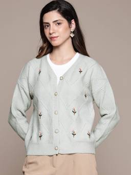 CAYMAN - Green Women Embroidered Woollen Cardigan