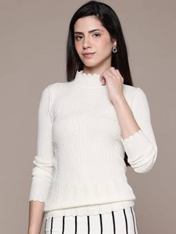 CAYMAN - Off White Women Cable Knit Ribbed Woollen Pullover Sweater