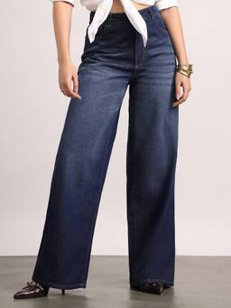Urbano Fashion - Dark Blue High Rise Baggy Fit Washed Jeans