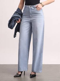 Urbano Fashion - Ice Blue High Rise Baggy Fit Washed Jeans