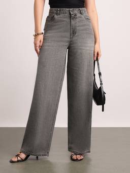 Urbano Fashion - Light Grey High Rise Baggy Fit Washed Jeans