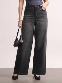Urbano Fashion - Grey High Rise Baggy Fit Washed Jeans