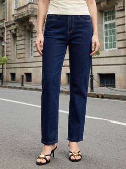 Urbano Fashion - Dark Blue High Rise Straight Fit Washed Jeans