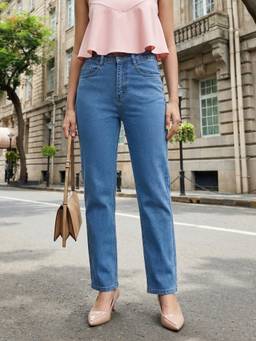 Urbano Fashion - Ice Blue High Rise Straight Fit Washed Jeans