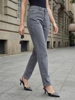 Urbano Fashion - Light Grey High Rise Straight Fit Washed Jeans