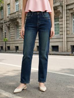 Urbano Fashion - Dark Blue High Rise Straight Fit Washed Jeans