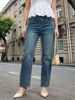 Urbano Fashion - Light Blue High Rise Straight Fit Washed Jeans