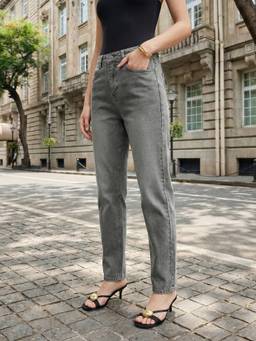 Urbano Fashion - Light Grey High Rise Straight Fit Washed Jeans