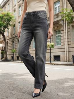 Urbano Fashion - Grey High Rise Straight Fit Washed Jeans