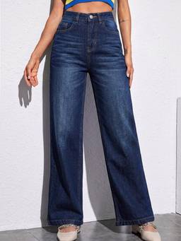 Urbano Fashion - Dark Blue Wide Leg Fit Washed Jeans