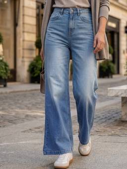 Urbano Fashion - Light Blue Wide Leg Fit Washed Jeans