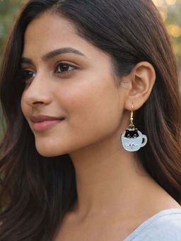 Digital Dress Room - White Gold Plated Black Cat Coffee Cup Mini Earrings