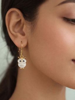 Digital Dress Room - Gold Plated Mini Owl White Enamel Cute Dangle Earrings