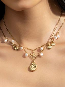 AQUASTREET - White 18K Gold Plated Shell & Starfish Charm Necklaces (Pack of 2)
