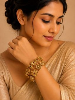 Designbox - Multi-Color Traditional Floral Antique Golden Bangles (Pack of 2) (2.6)