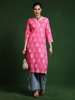 Jaipur Kurti - Pink Floral Straight Pure Cotton Kurta