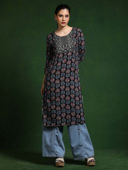 Jaipur Kurti - Black Floral Embroidered Straight Kurta