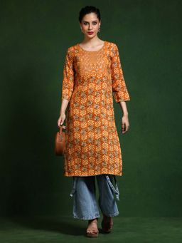 Jaipur Kurti - Mustard Floral Embroidered Straight Kurta