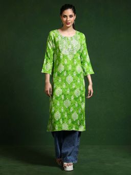 Jaipur Kurti - Green Floral Embroidered Straight Kurta