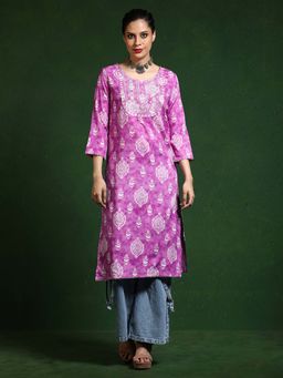 Jaipur Kurti - Pink Floral Embroidered Straight Kurta