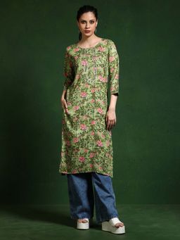 Jaipur Kurti - Green Floral Straight Kurta